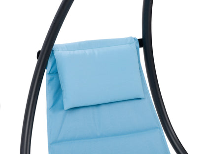 Light blue patio swing lounge chair with cushioned seat, metal frame, and canopy for outdoor relaxation.