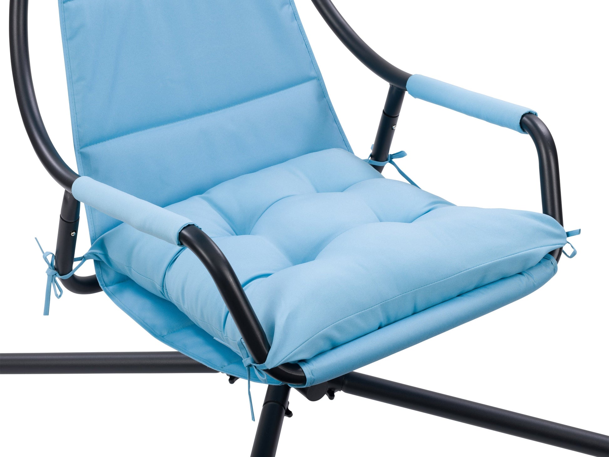 Light blue patio swing lounge chair with cushioned seat, sturdy metal frame, and adjustable canopy.