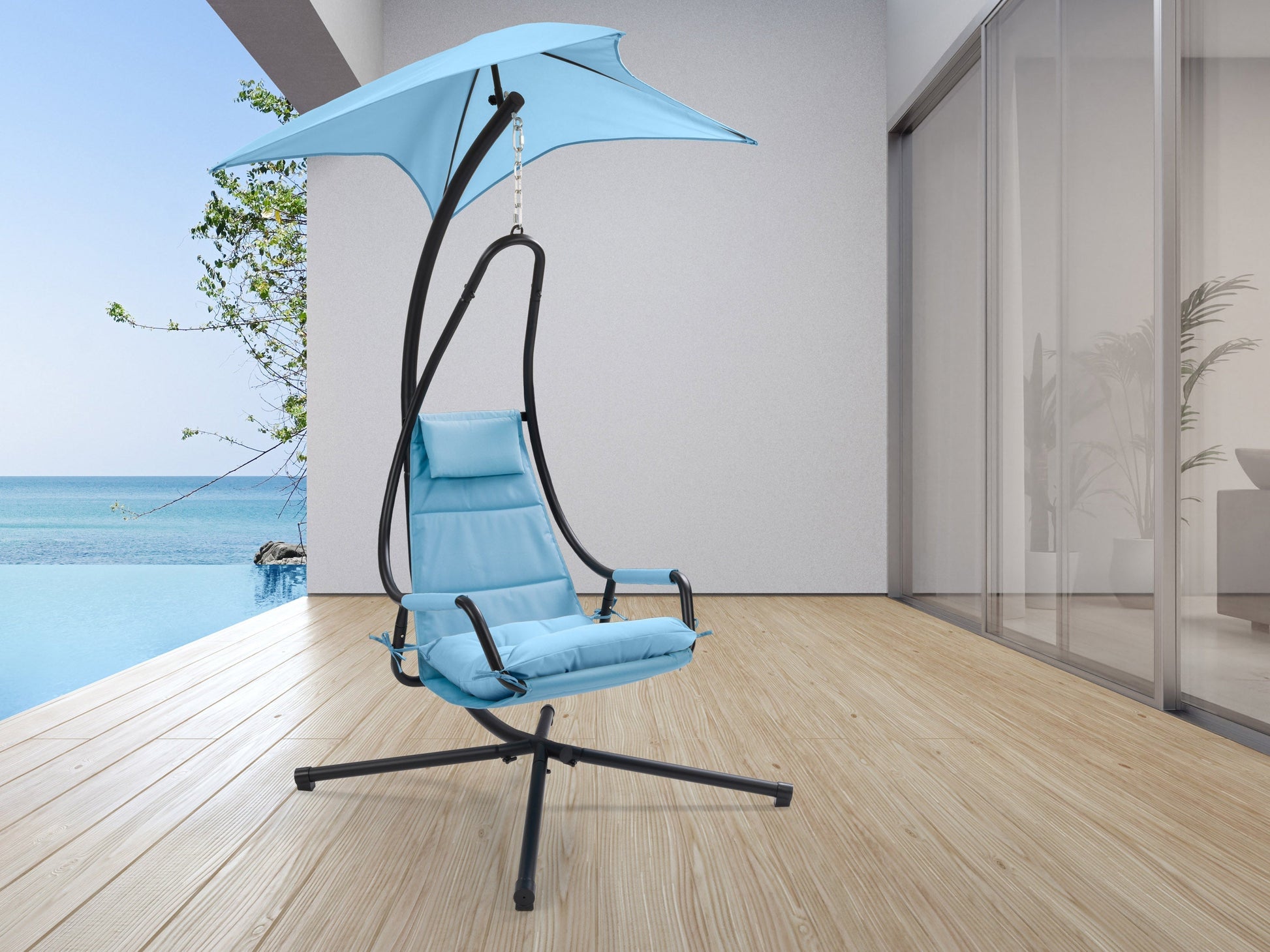 Light blue swing lounge chair with cushioned seat, metal frame, and canopy for patio relaxation.