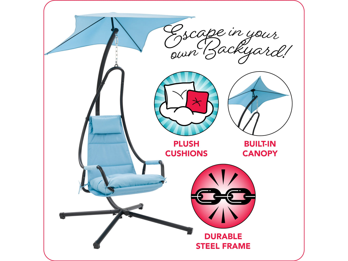 Light blue swing lounge chair for patio with cushioned seat, adjustable canopy, and sturdy metal frame.