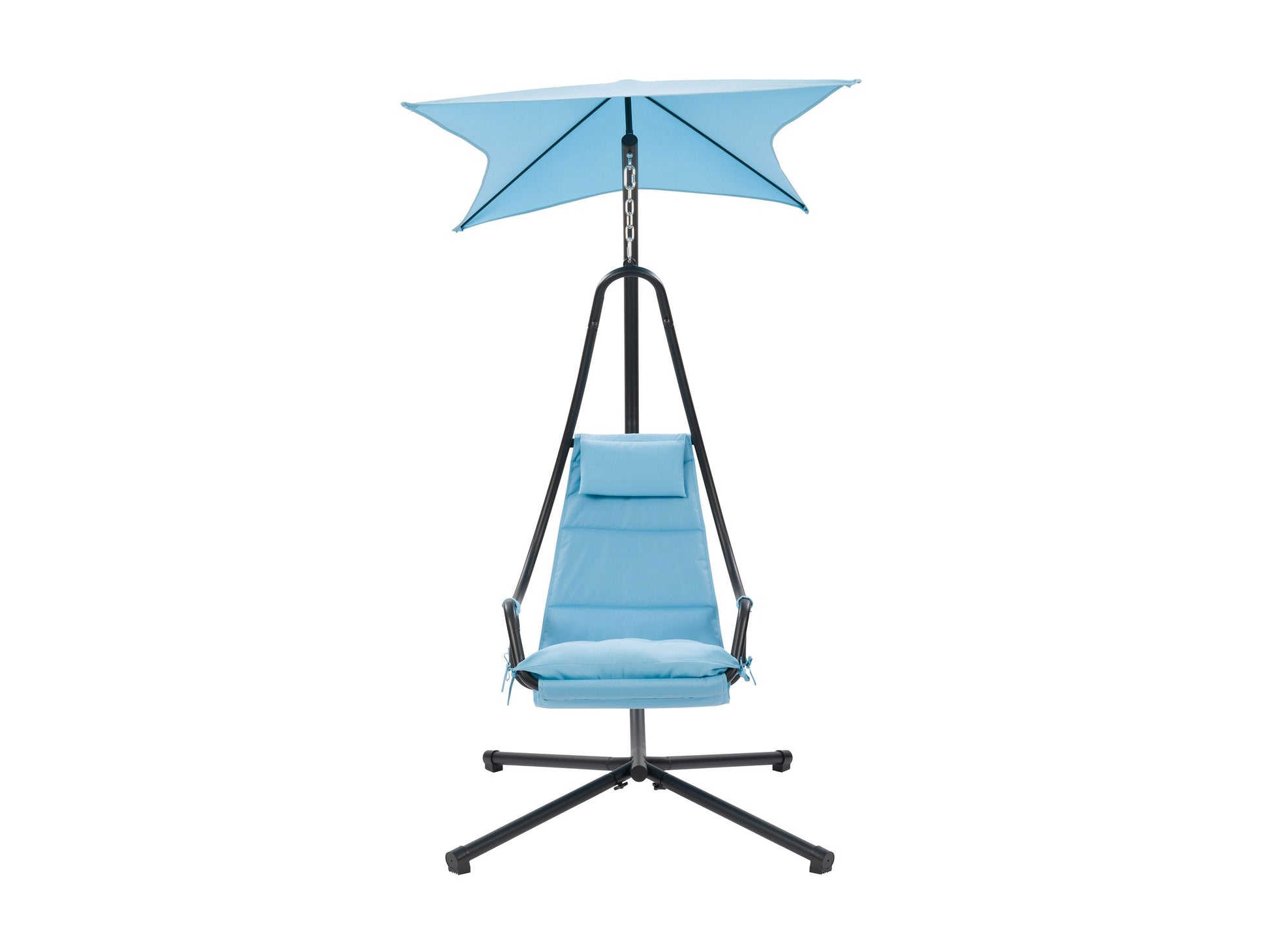 Light blue swing lounge chair with a cushioned seat, sturdy metal frame, and contemporary design for patio use.