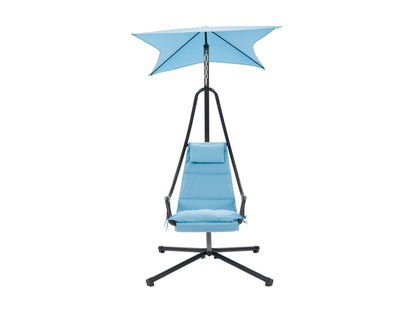 Light blue swing lounge chair with a cushioned seat, sturdy metal frame, and contemporary design for patio use.