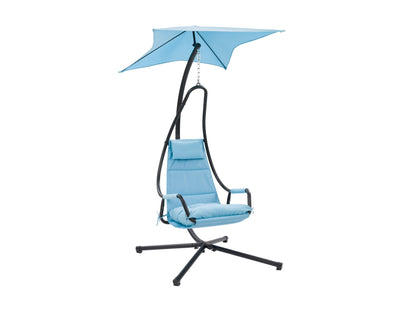 Light blue swing lounge chair with cushioned seat, metal frame, and weather-resistant fabric for outdoor patio use.