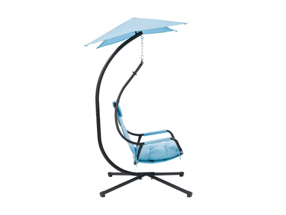 Light blue patio swing lounge chair with cushioned seat, metal frame, and adjustable canopy for outdoor relaxation.