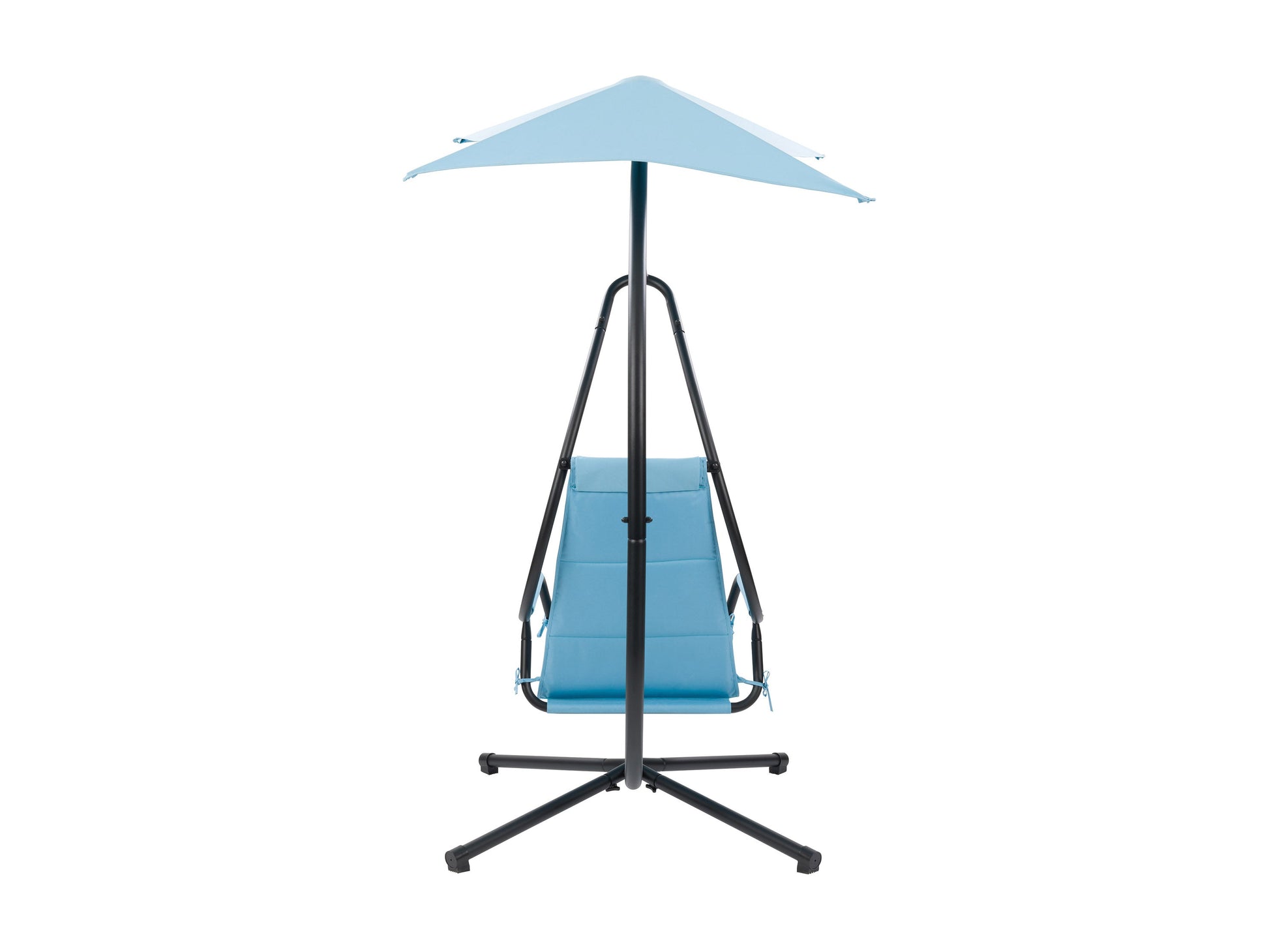 Light blue patio swing lounge chair with cushioned seat, sturdy frame, and weather-resistant fabric.