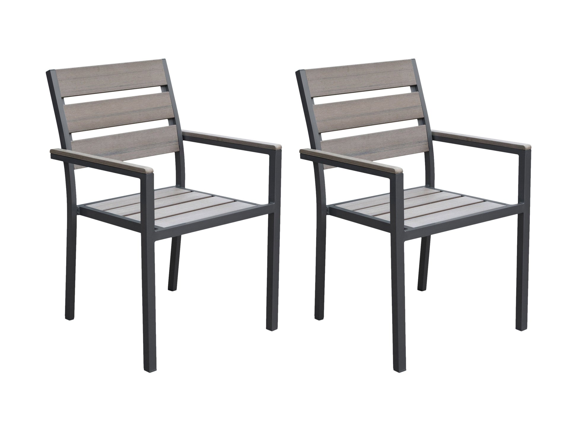 Charcoal grey patio dining chairs set of 2 with cushioned seats, durable frame, and weather-resistant fabric.