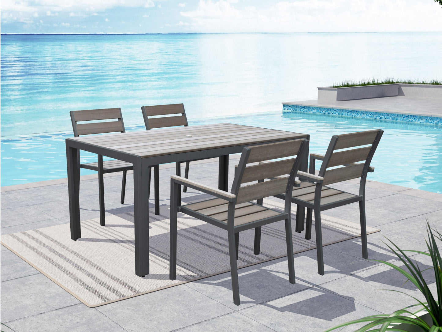 Charcoal grey patio dining chairs, set of 4, with weather-resistant fabric and sleek metal frames.