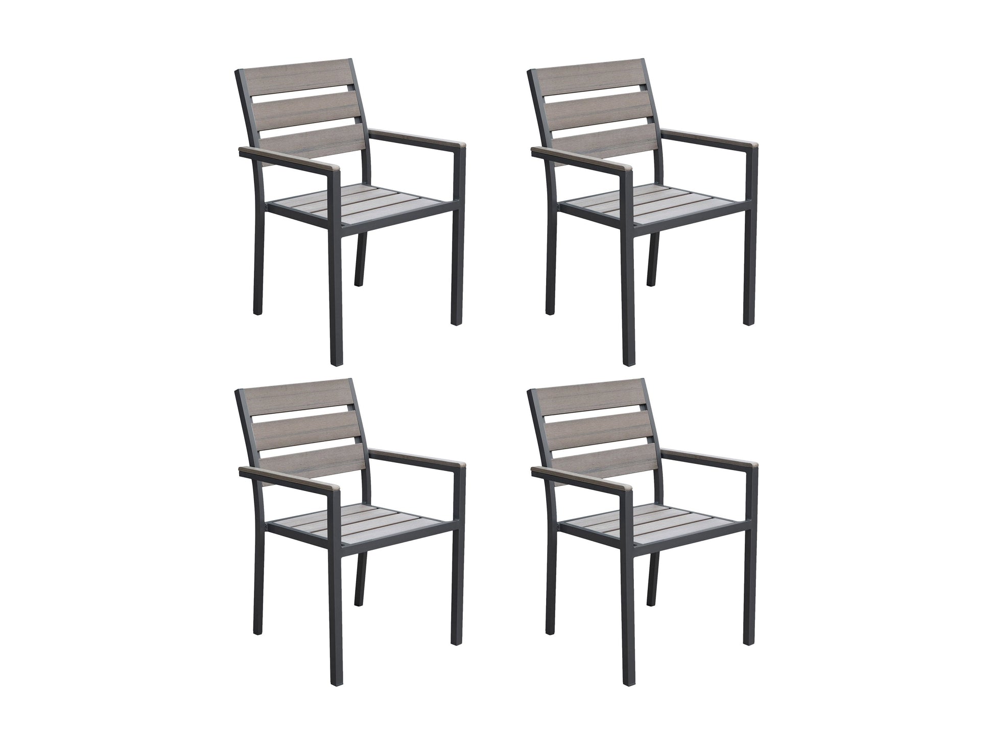 Charcoal grey patio dining chairs set of 4 with cushioned seats, metal frames, and weather-resistant fabric.