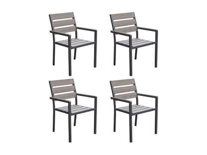 Charcoal grey patio dining chairs set of 4 with cushioned seats, metal frames, and weather-resistant fabric.