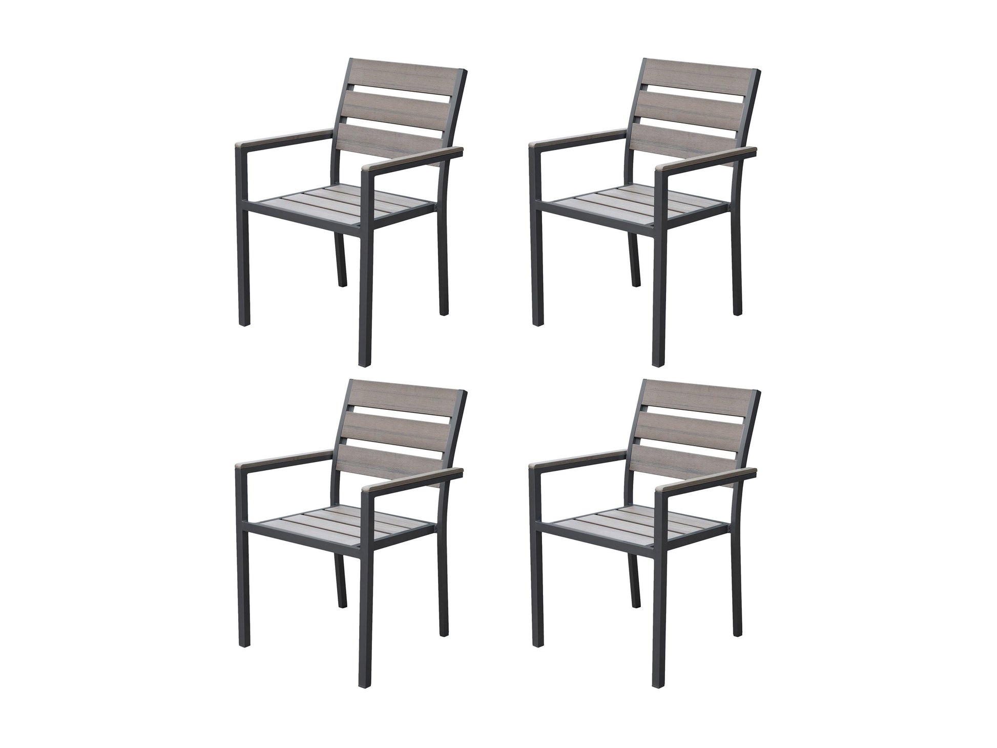 Charcoal grey patio dining chairs set of 4, weather-resistant fabric, sleek aluminum frame, modern outdoor seating.