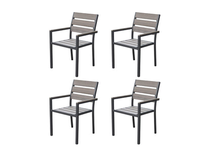 Charcoal grey patio dining chairs set of 4, weather-resistant fabric, sleek aluminum frame, modern outdoor seating.