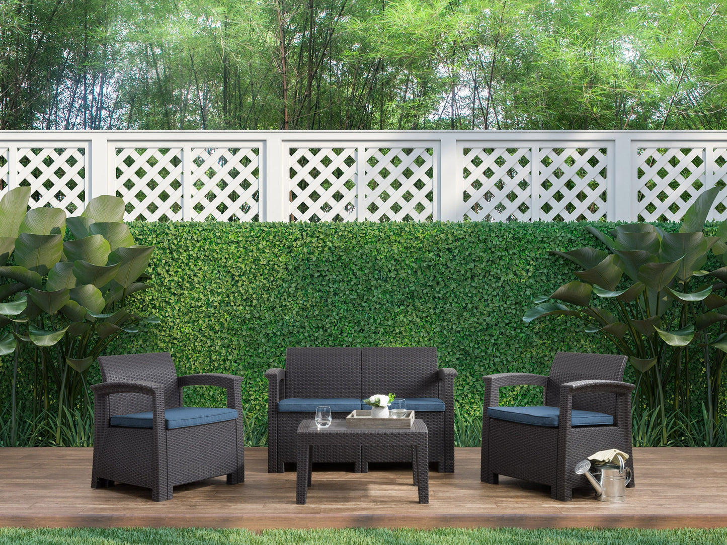 Blue patio conversation set with cushions, 4-piece, featuring a durable metal frame and weather-resistant fabric.