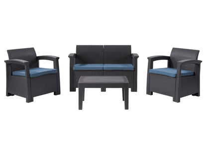 Blue patio conversation set with cushions, wicker texture, and glass-top coffee table.