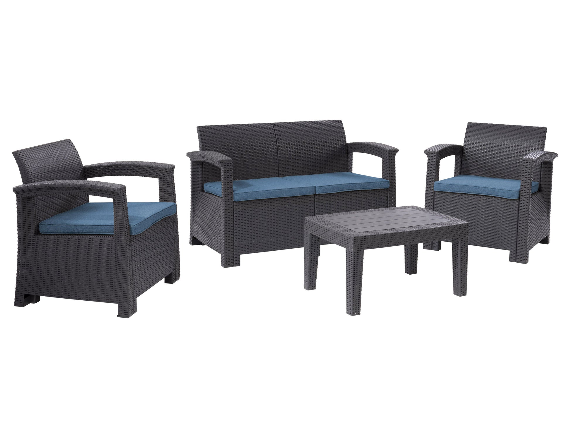 Blue patio conversation set with cushioned chairs and glass-top coffee table, featuring a durable metal frame and modern design.