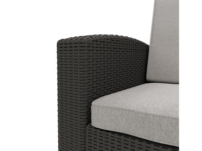 Grey outdoor patio chair with wooden frame, weather-resistant fabric, and cushioned seat.