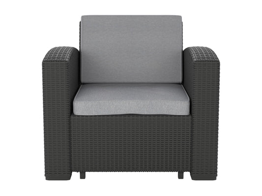 Grey outdoor patio chair with wooden legs, woven fabric seat, and backrest, ideal for modern garden or balcony settings.