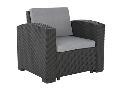 Grey outdoor patio chair with cushioned seat, sturdy metal frame, and contemporary design for garden or balcony use.