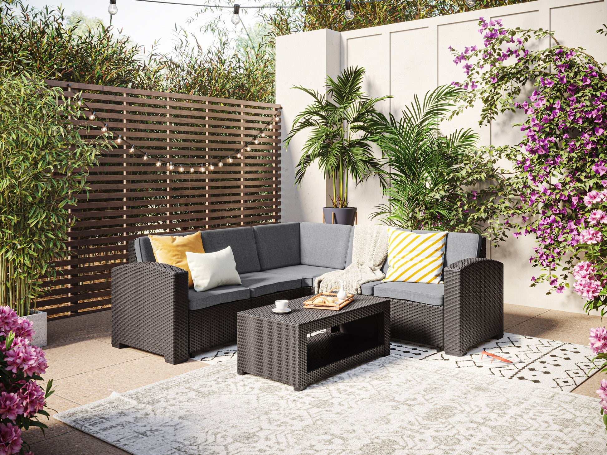 Outdoor black and grey wicker patio sectional set, 6-piece, with cushions and coffee table