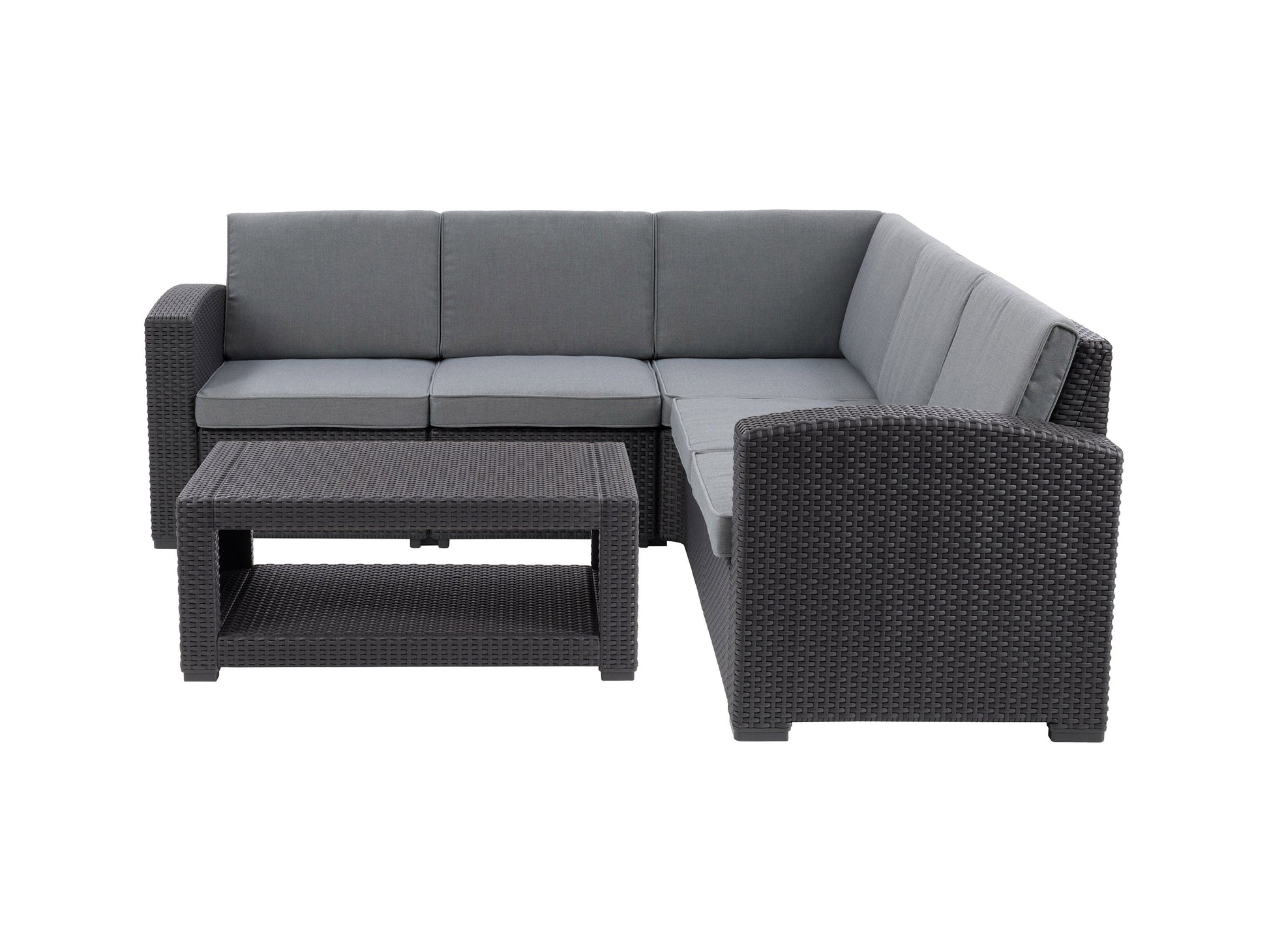 Black and grey outdoor wicker sectional set, 6-piece, with cushions and modern patio design