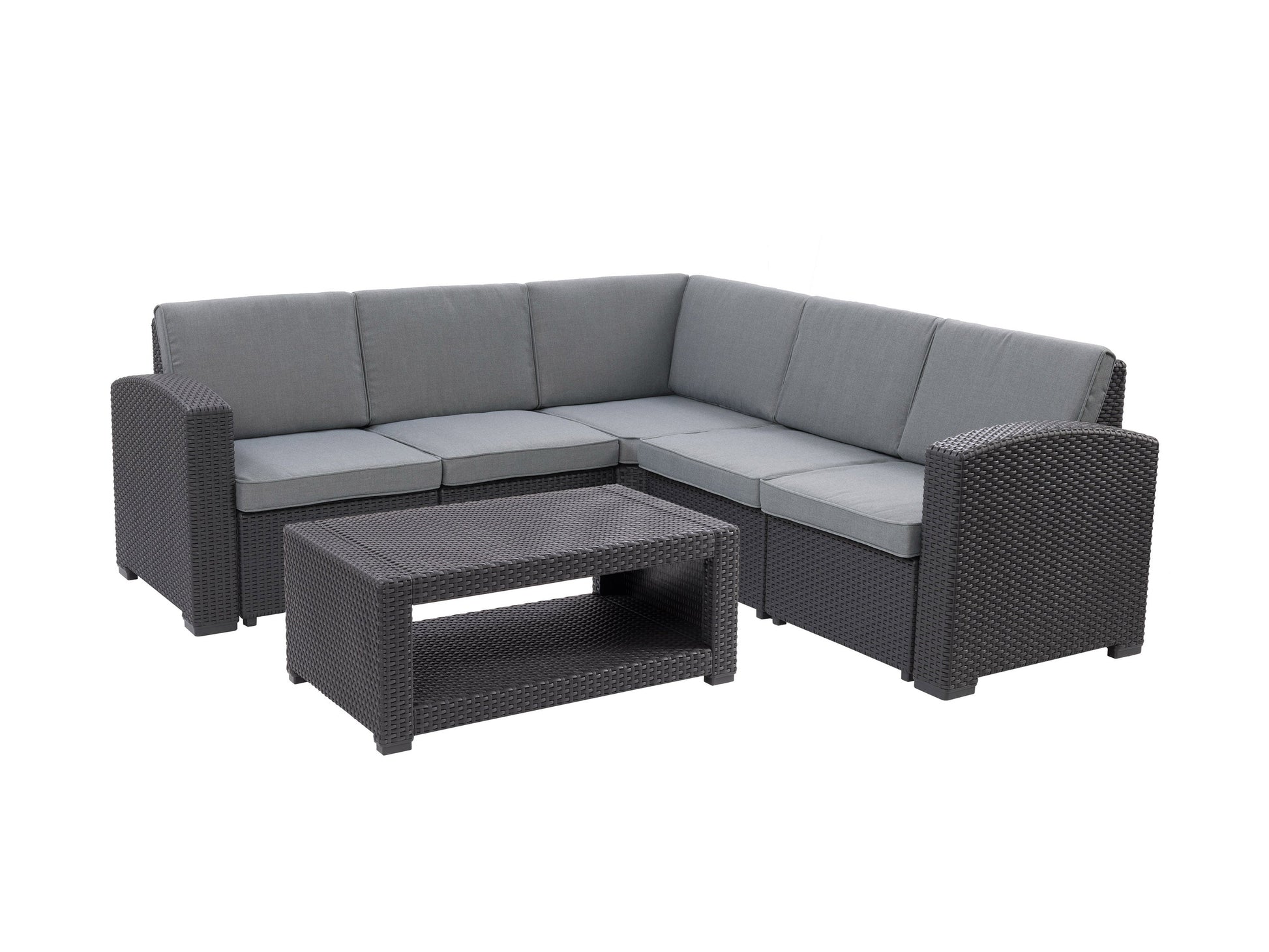 Black and grey outdoor wicker sectional set, 6-piece patio furniture with cushions and modular design.