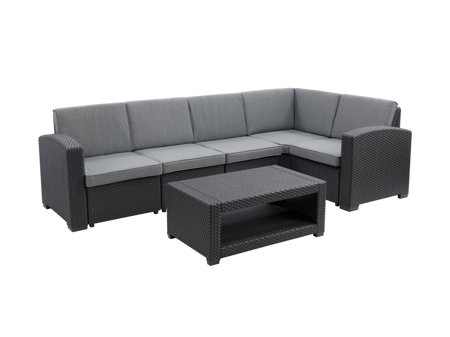 Black and grey outdoor wicker sectional set, 6-piece, with cushions and modern patio design.