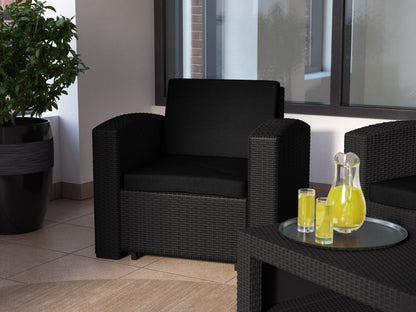 Black outdoor patio chair with weather-resistant wicker, metal frame, and comfortable cushions.