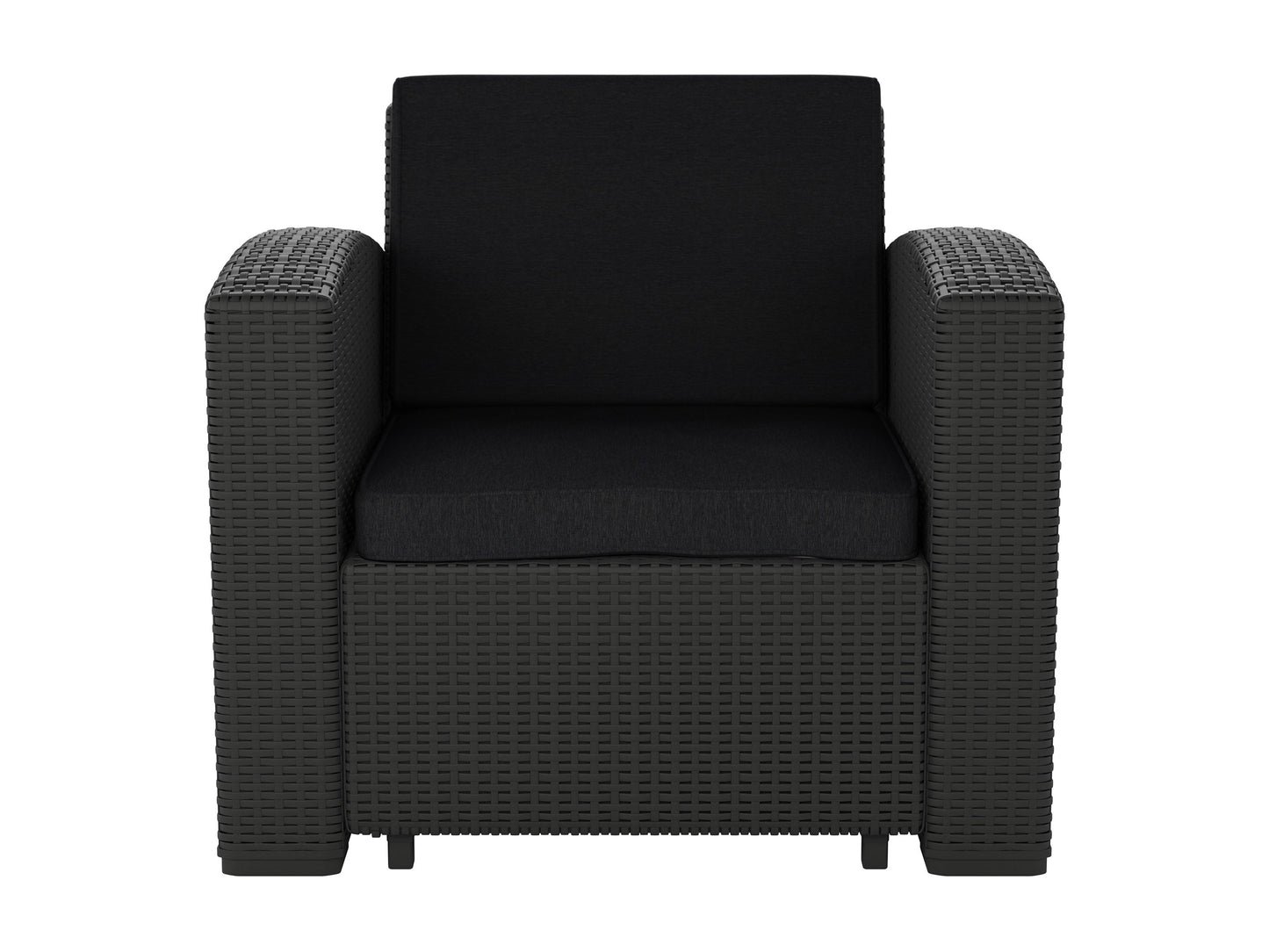 Black outdoor patio chair with sleek metal frame and woven seat, perfect for modern garden or balcony settings.