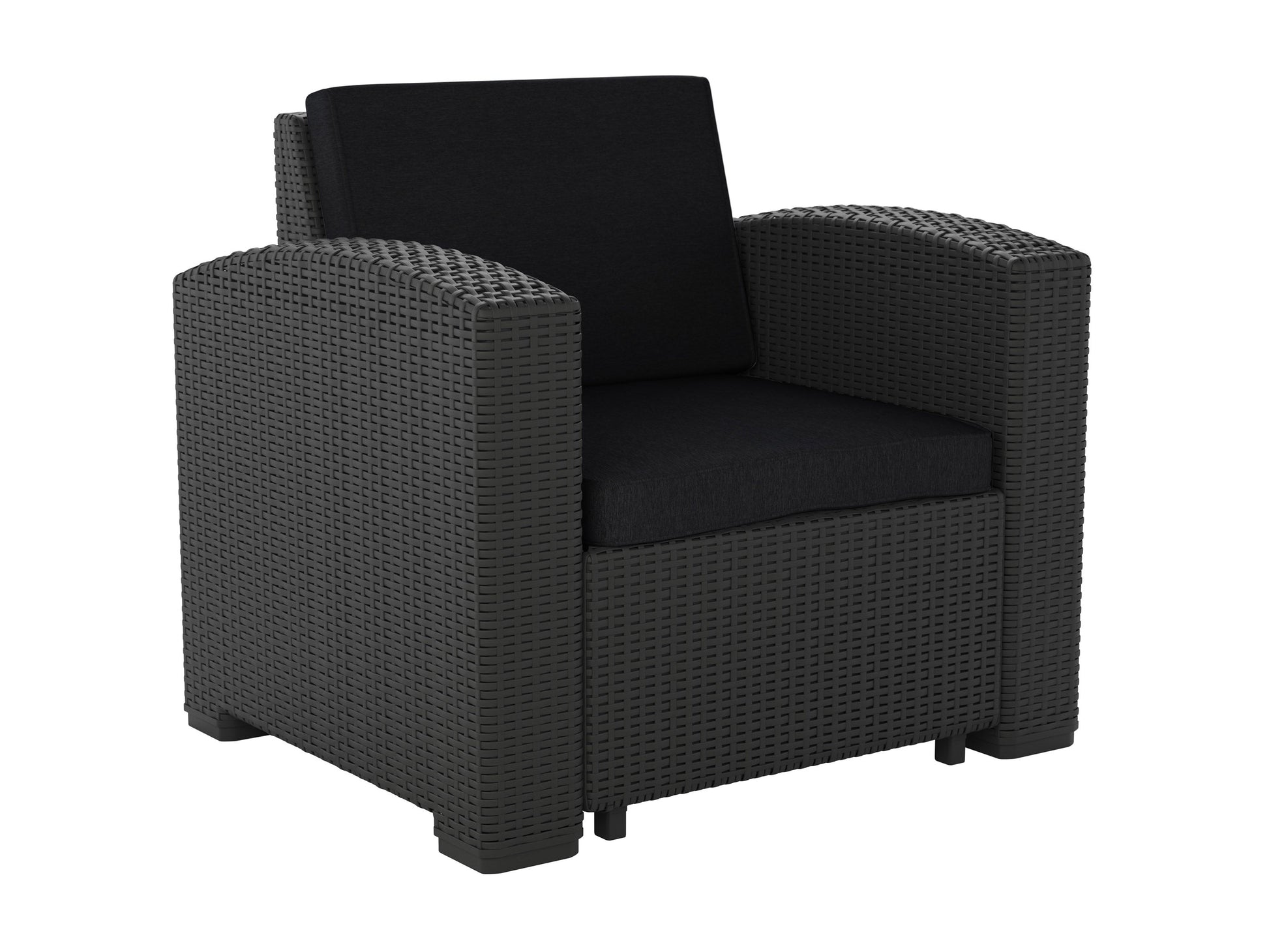 Black outdoor patio chair with sleek metal frame, woven texture seat, and backrest for modern garden or balcony seating.