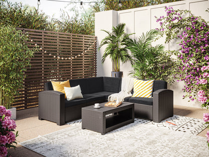 Black outdoor wicker sectional set, 6-piece, with plush grey cushions and a modern design for patio or garden spaces.