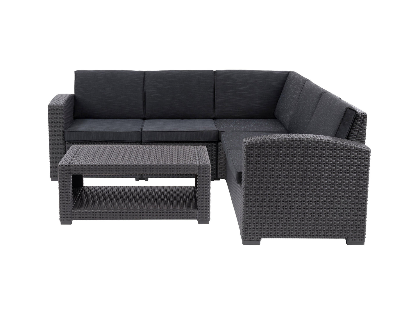 Outdoor black wicker sectional set, 6-piece, includes cushions, weather-resistant, modern patio furniture for outdoor lounging.