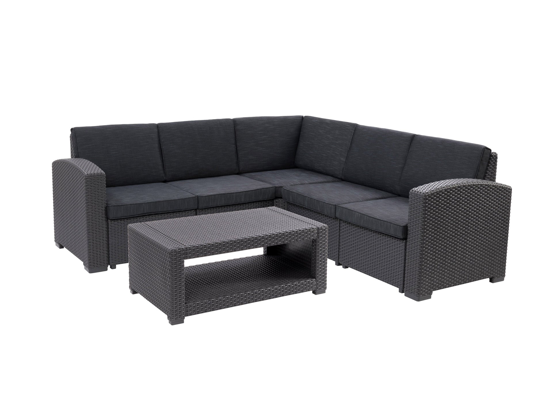 Black outdoor wicker sectional set, 6-piece, with plush grey cushions and a modern patio design.