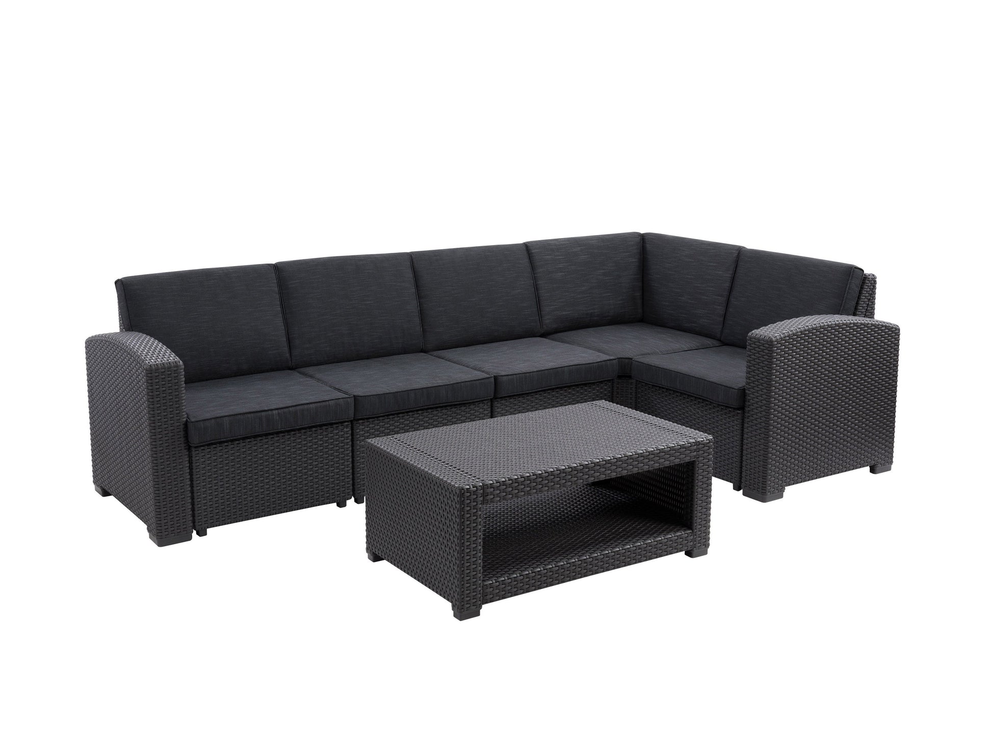 Black outdoor wicker sectional set, 6-piece patio furniture with cushions, modern design, durable and weather-resistant.