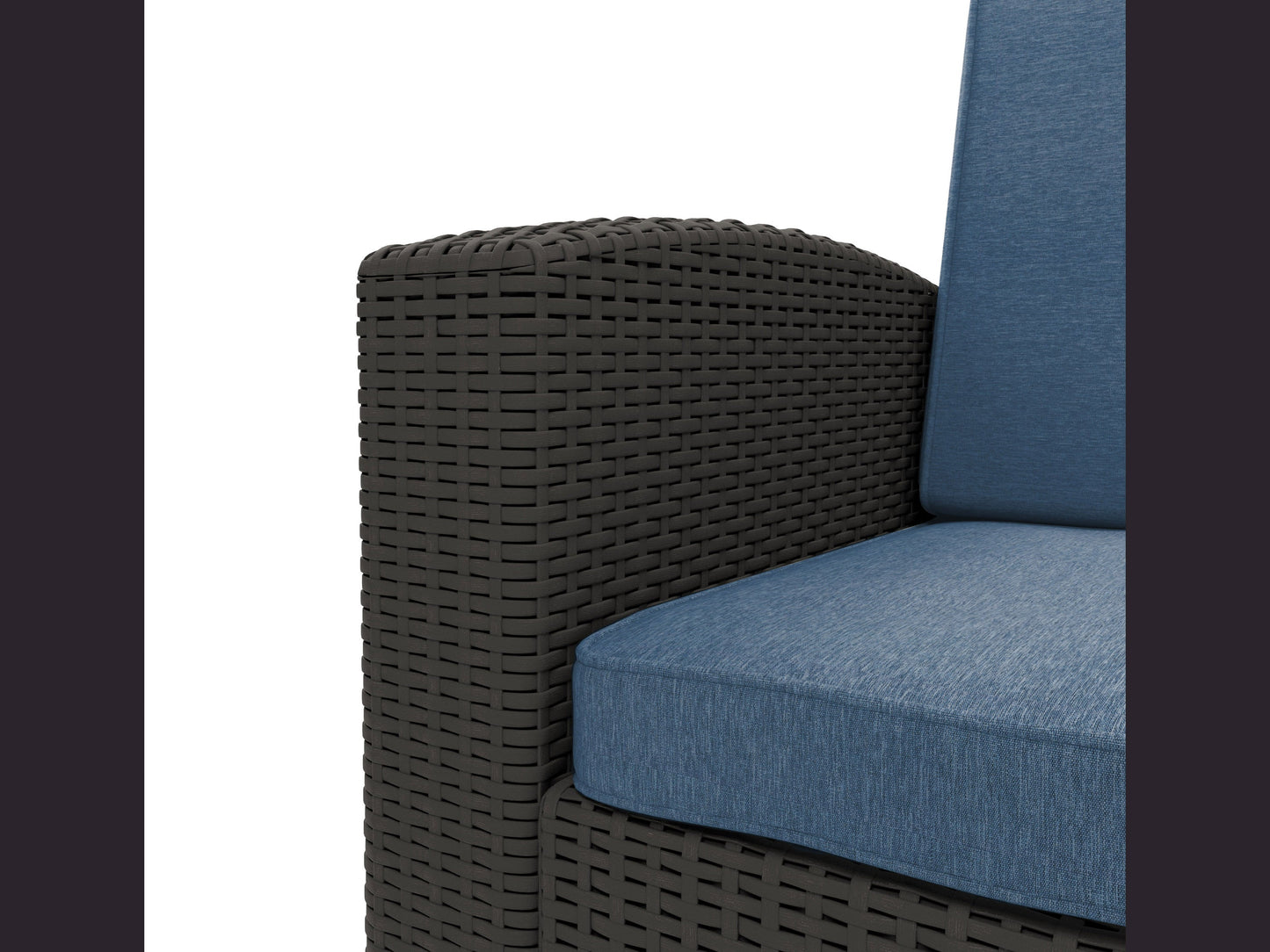 Blue outdoor patio chair with cushioned seat, wooden frame, and woven backrest, perfect for garden or deck use.