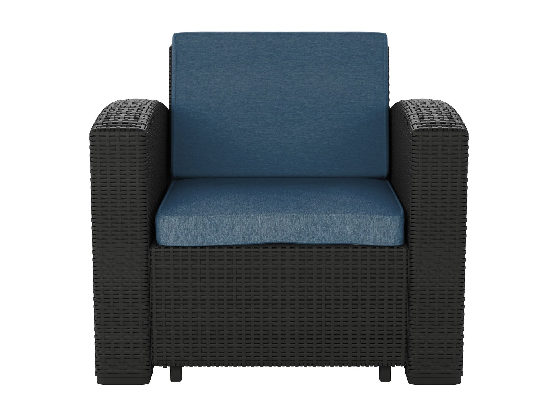 Blue outdoor patio chair with metal frame, cushioned seat, and weather-resistant fabric.