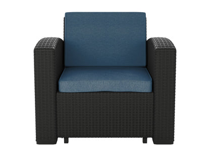 Blue outdoor patio chair with metal frame, cushioned seat, and weather-resistant fabric.