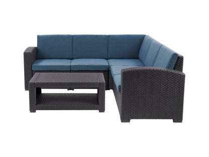 Black and blue outdoor wicker sectional set, 6-piece, with cushions and a modern design for patio use.