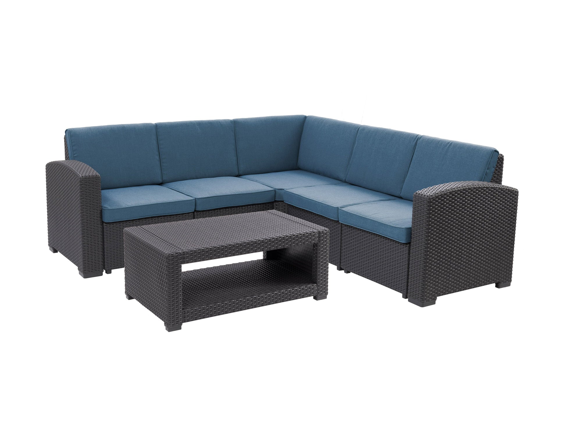 Black and blue outdoor wicker sectional set, 6-piece, with cushions and weather-resistant materials for patio lounging.