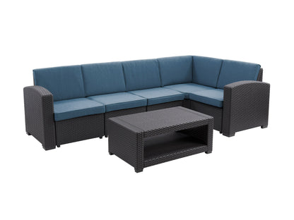 Black and blue outdoor wicker sectional set, 6-piece, with cushions and modern design for patio or garden.