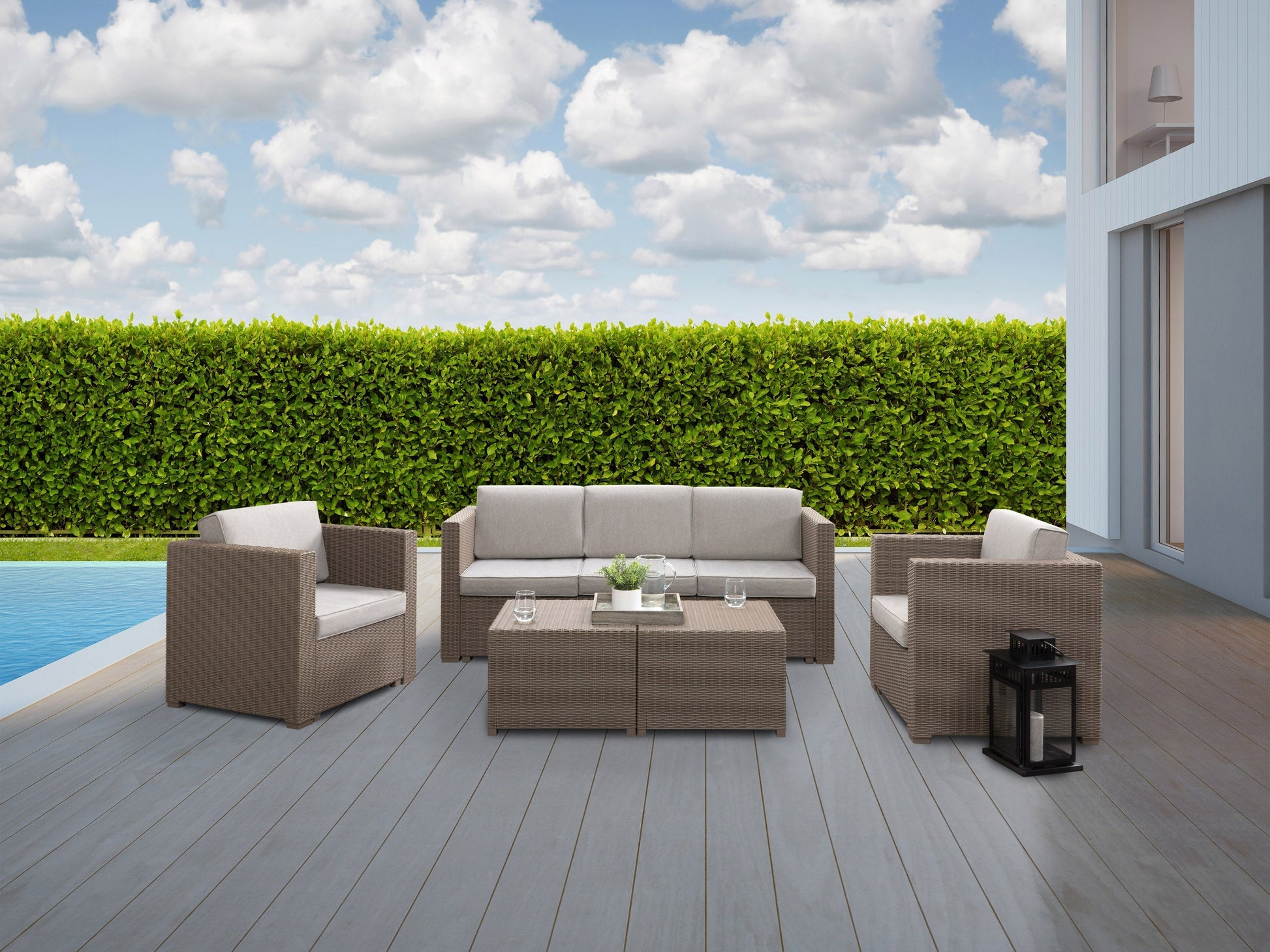 Beige 5pc patio conversation set with cushions, wicker texture, and aluminum frame.