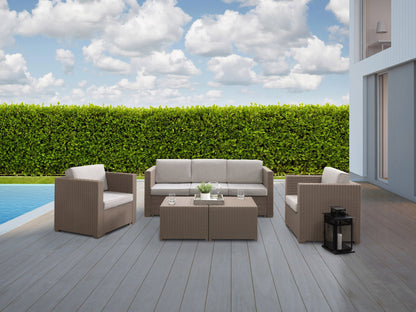 Beige 5pc patio conversation set with cushions, wicker texture, and aluminum frame.