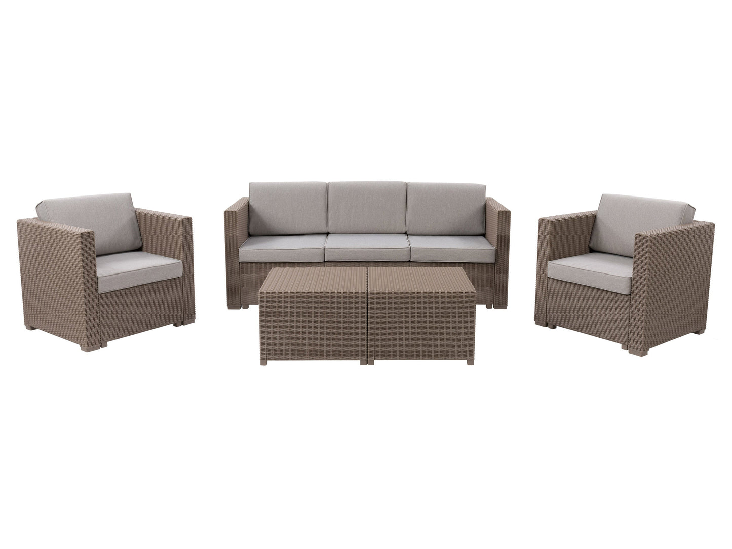 Beige 5-piece patio conversation set with cushioned seats, wicker frame, and glass-top coffee table.