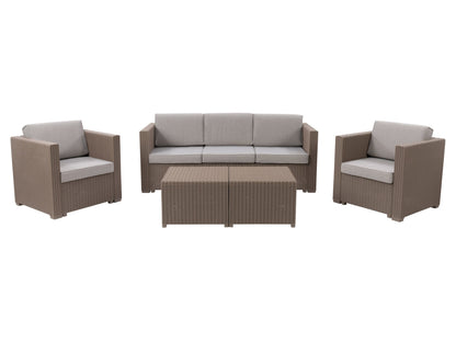 Beige 5-piece patio conversation set with cushioned seats, wicker frame, and glass-top coffee table.