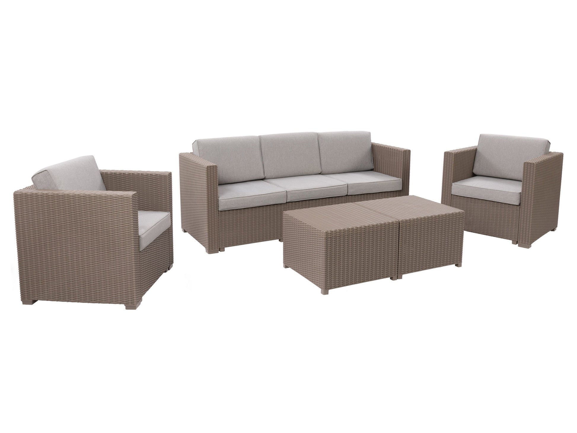 Beige 5pc patio conversation set with cushions, wicker frame, and glass-top coffee table for outdoor seating.