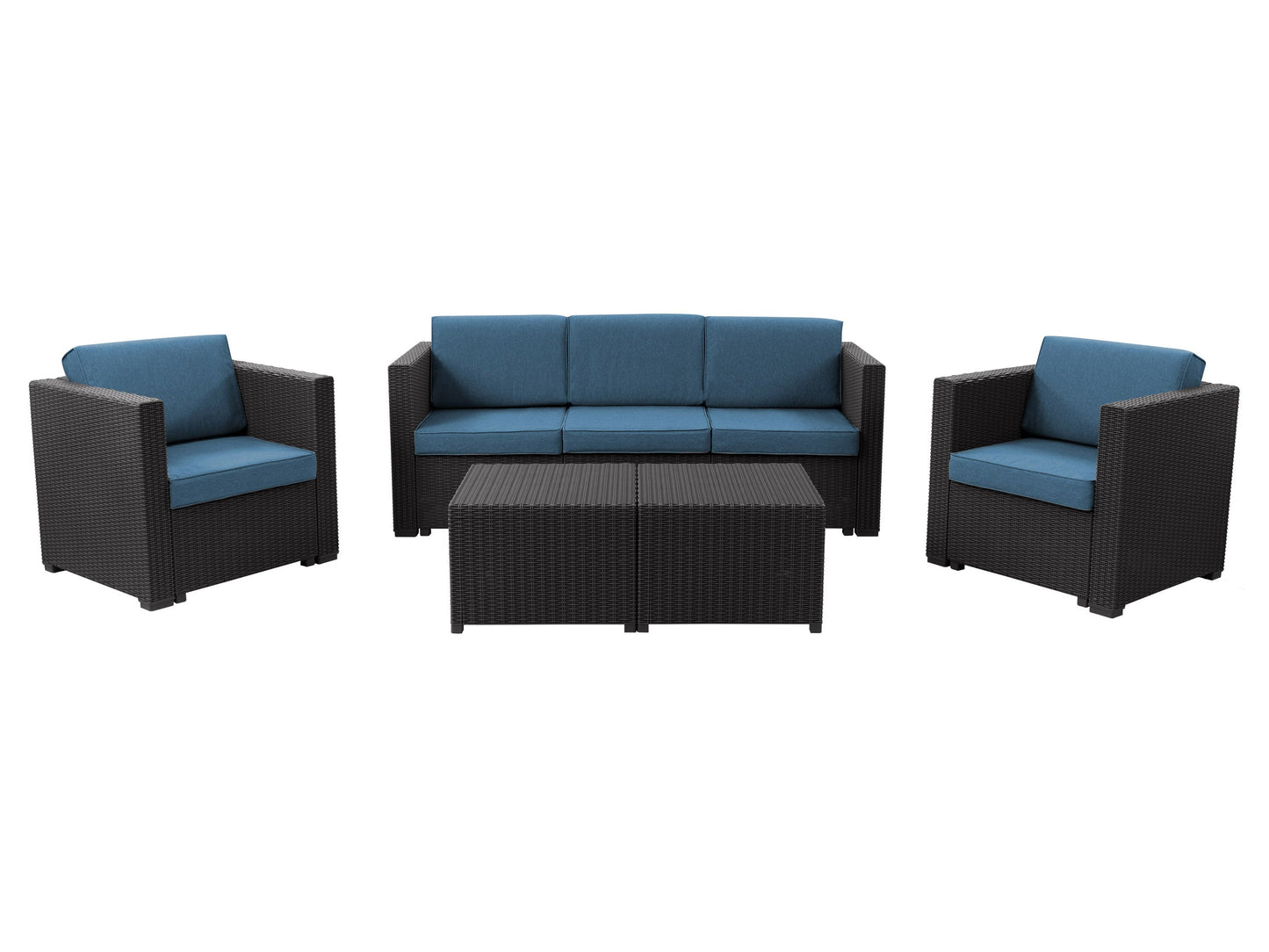 Black and blue 5-piece patio conversation set with cushioned seats, sleek frames, and weather-resistant materials.