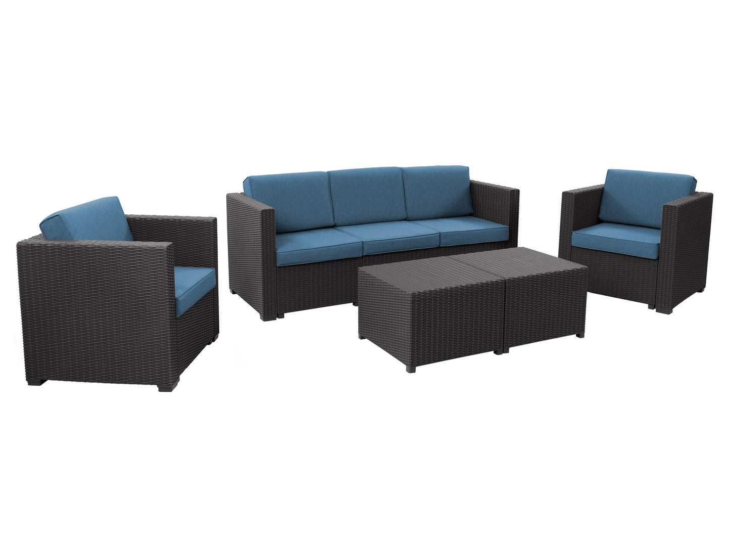 Black and blue 5pc patio conversation set with cushioned seats, metal frame, and modern design.