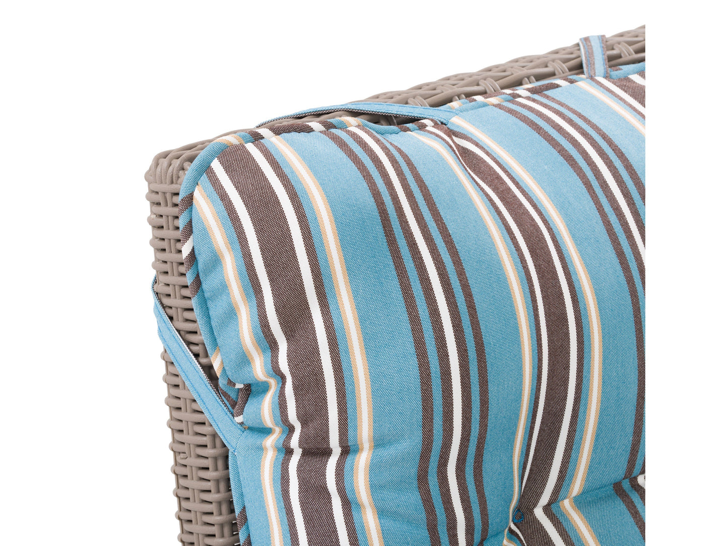 Blue and brown striped patio recliner and ottoman set with cushioned seats and wicker frame.