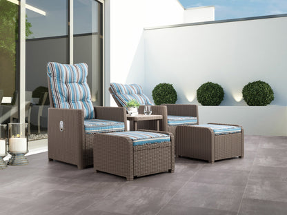 Blue and brown striped patio recliner and ottoman set with cushions, 5-piece outdoor conversation furniture.