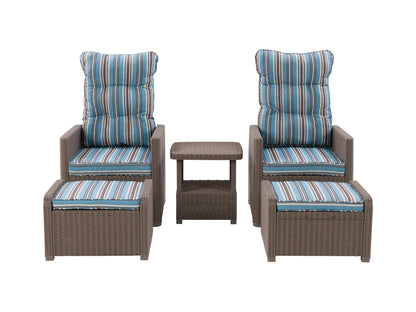 Blue and brown striped patio recliner and ottoman set with cushioned seats and wicker frame.