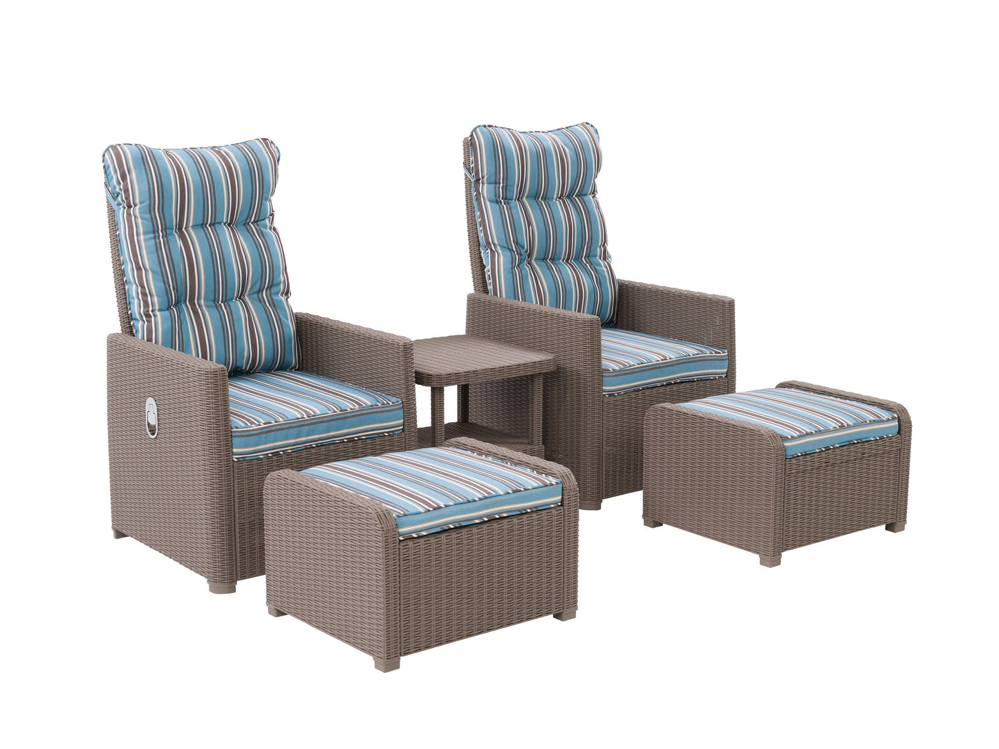 Blue and brown striped patio recliner and ottoman set, 5-piece, with weather-resistant cushions and sturdy wicker frames.