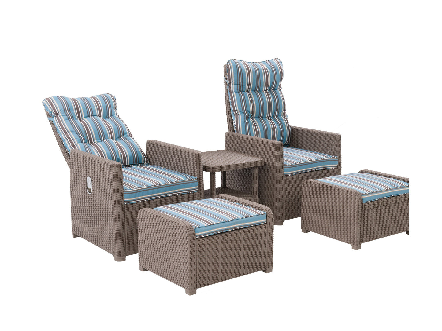 Blue and brown striped patio recliner and ottoman set, 5-piece outdoor conversation furniture with cushions.